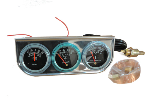 GU85 VOLTMETER/AMMETER/WATER TEMPERATURE TRIO GAUGE CHROME PLATE WITH BLACK PANEL AND FITTING